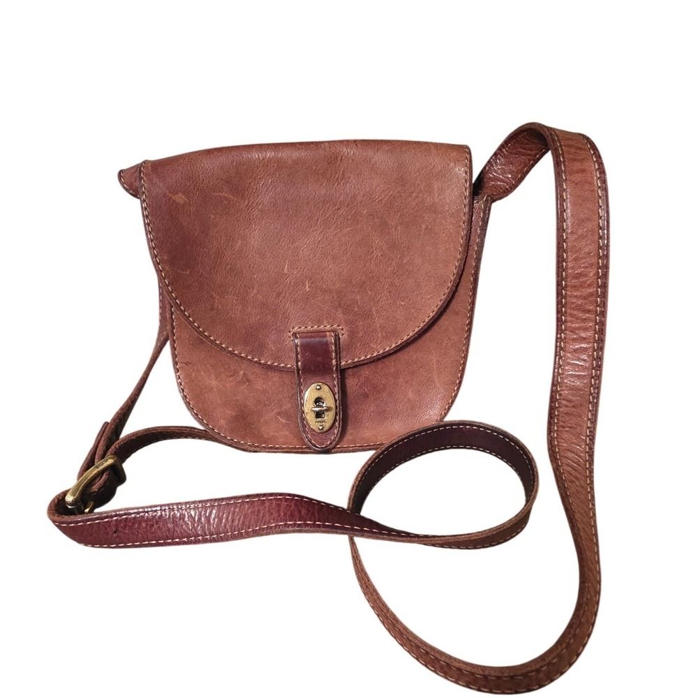 Fossil Vintage 90s Austin Brown Leather Crossbody Turn Lock Saddle Bag Y2K‎ Boho